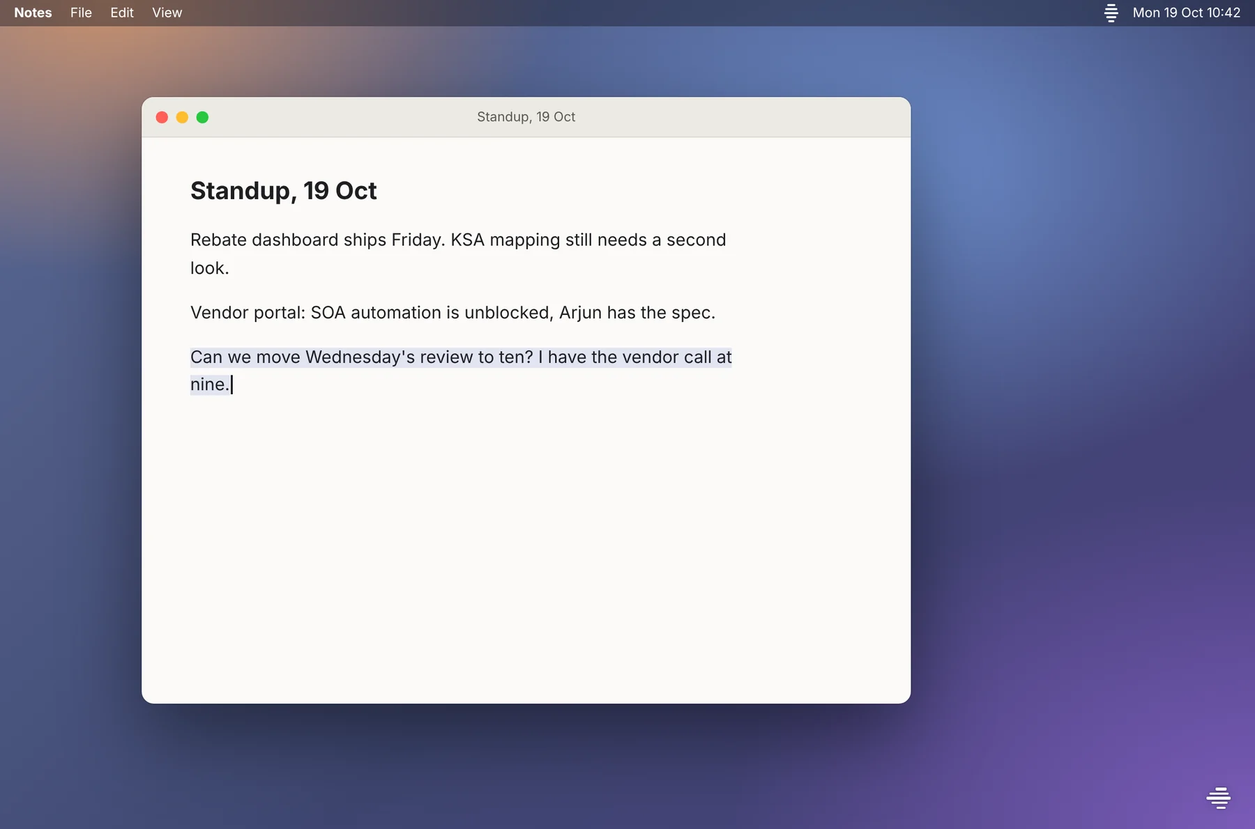 A Notes window with a sentence just dictated by Yena, and Yena's five small lines at the bottom-right corner of the screen showing it is listening.